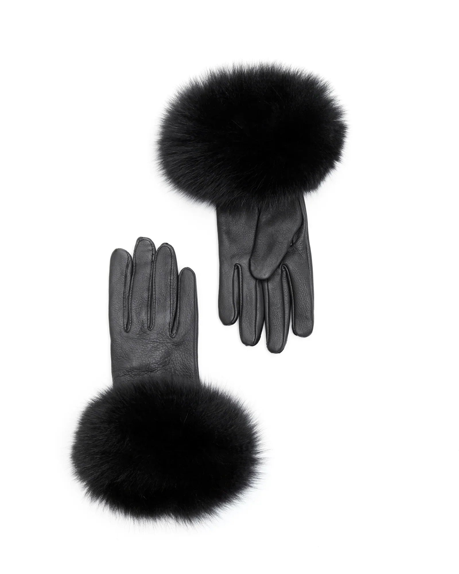 Black Fox Fur Trimmed Gloves