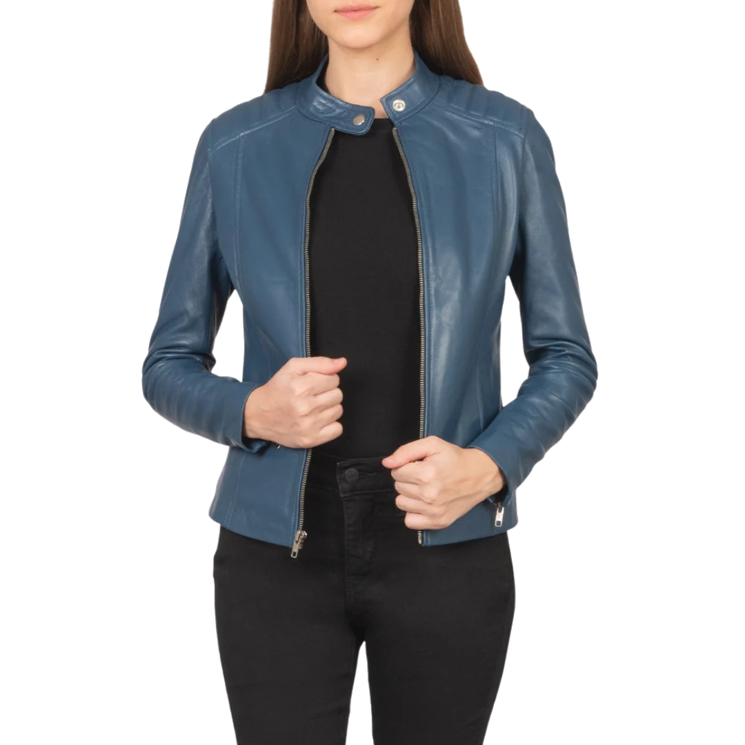 Blue Leather Biker Jacke