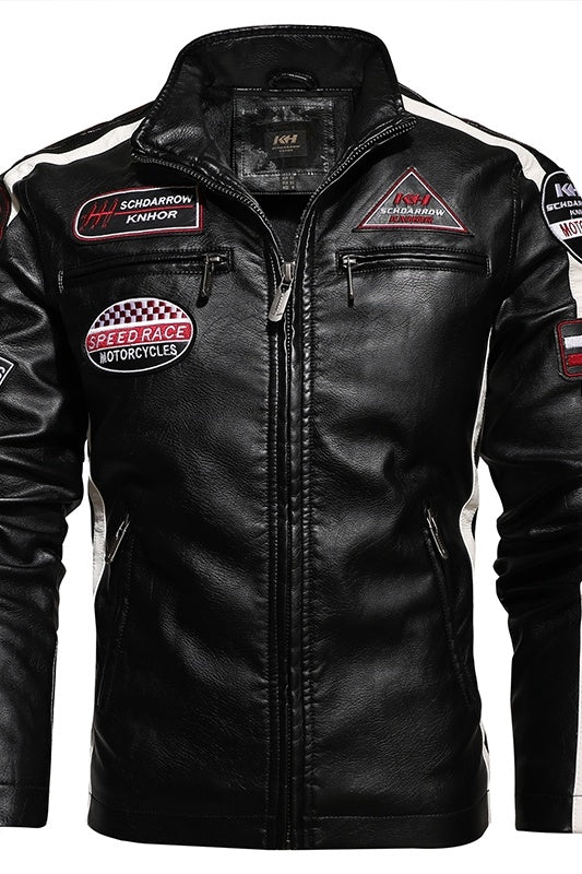 Men's leather short embroidered slim-fit youth lapel leather jacket