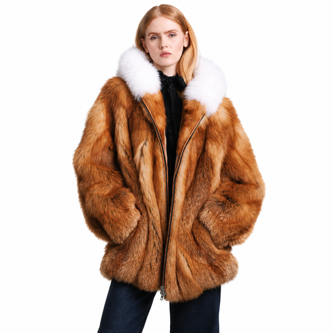 Women’s Luxury Brown Faux Fur Coat with White Fur Collar