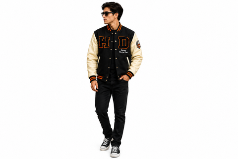 Men’s Black & Cream Varsity Jacket – HD Letterman Bomber Jacket