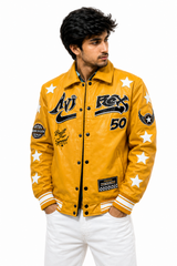 Men’s Yellow Racing Varsity Jacket – Star Print Premium Bomber Jacket