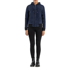 Blue Hooded Suede Bomber Jacket