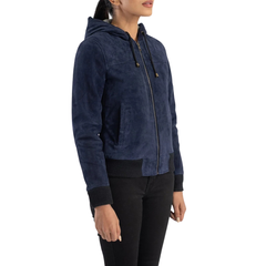 Blue Hooded Suede Bomber Jacket