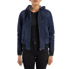 Blue Hooded Suede Bomber Jacket