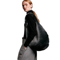 Grey Merino Shearling Fur Hobo Bag