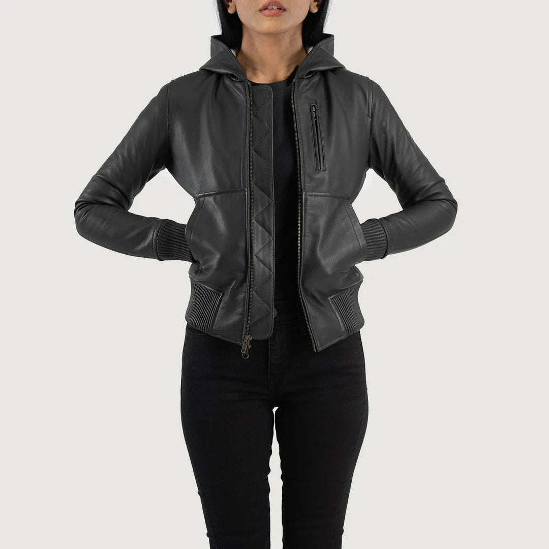 Hooded Leather Bomber Jacket